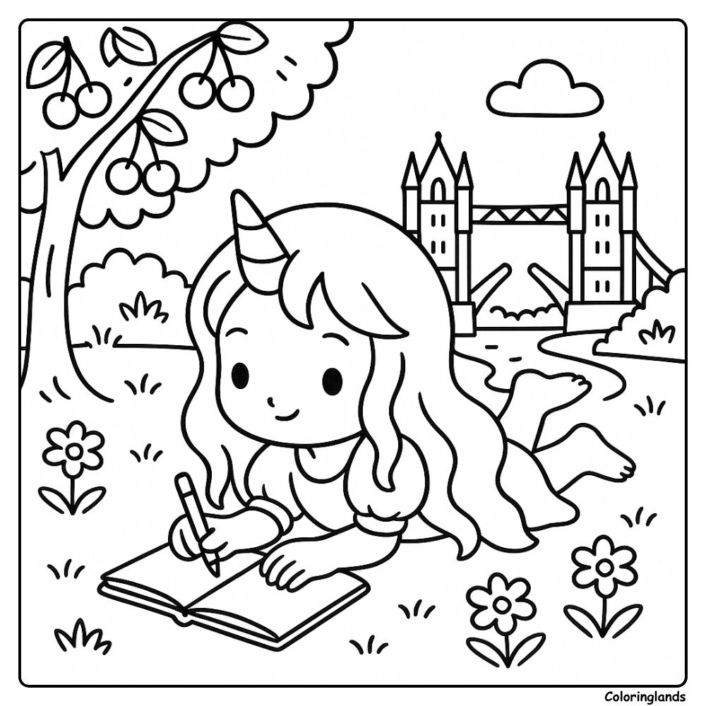 Unicorn girl writes in a notebook by Tower Bridge
