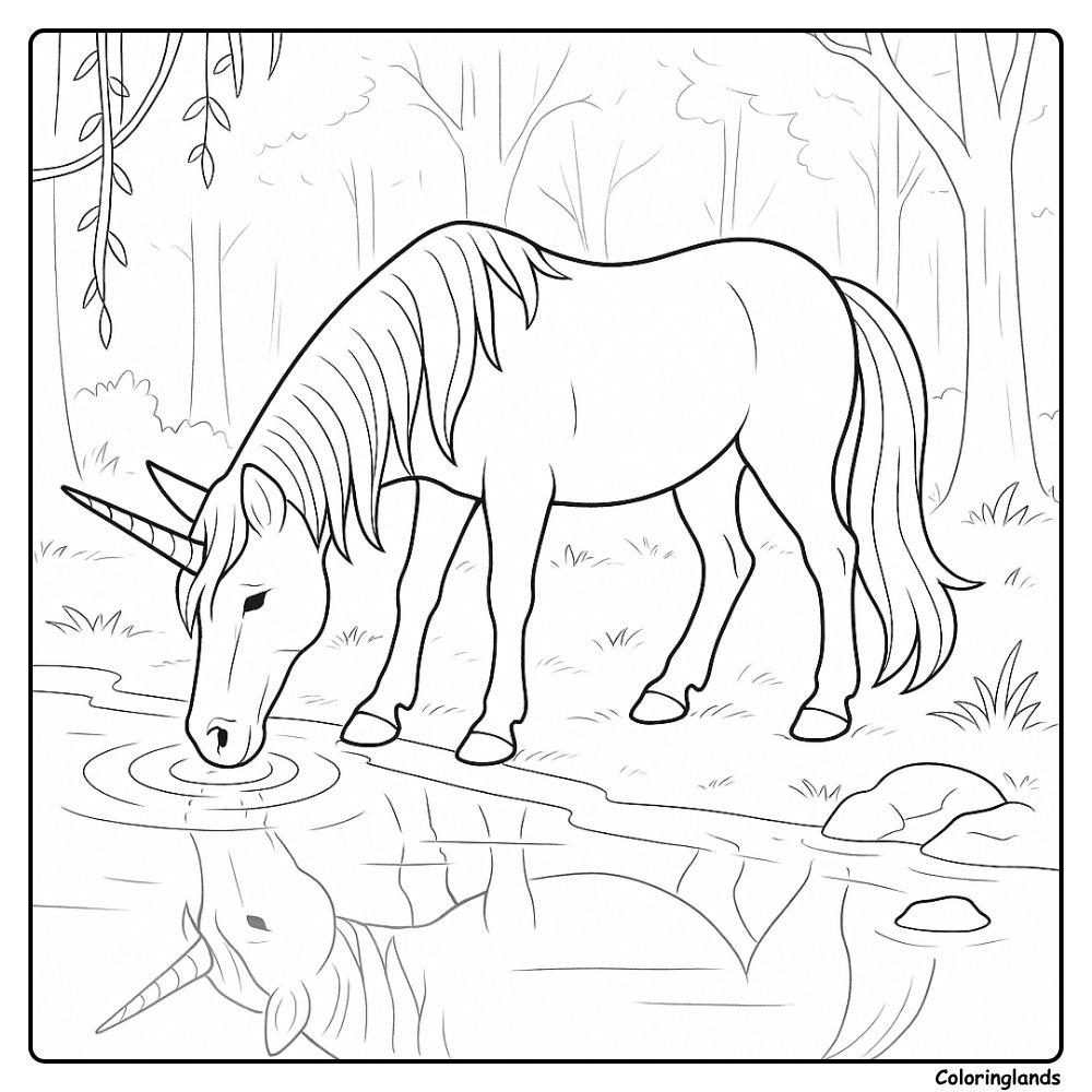 Unicorn coloring sheet showing forest stream moment