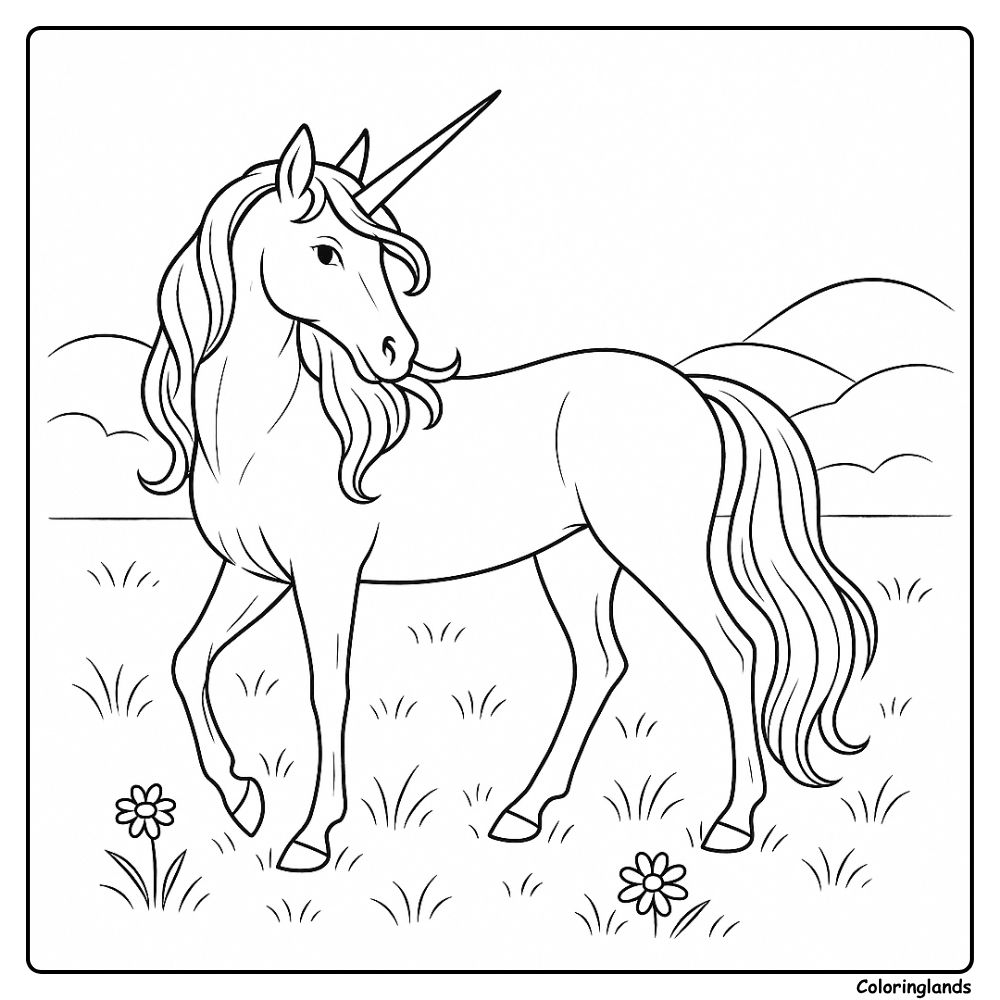 Realistic unicorn line art standing in grass field