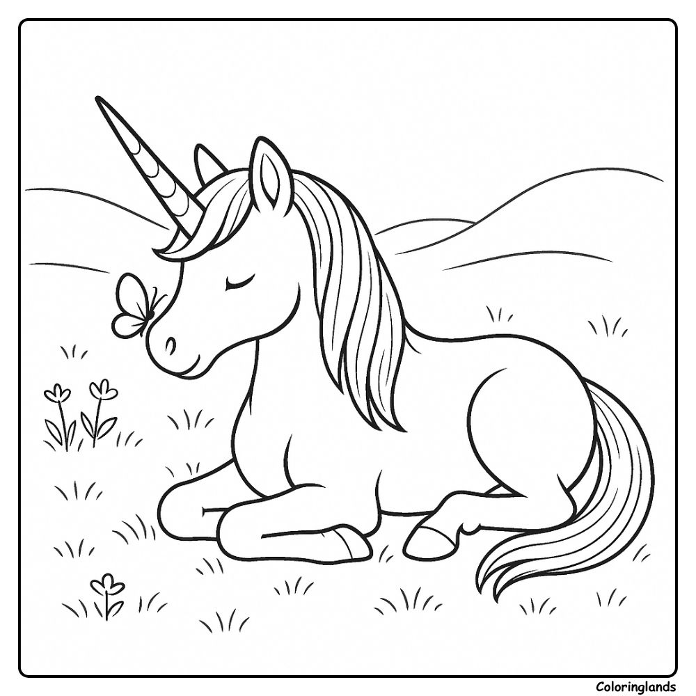 Printable unicorn coloring picture with gentle nature touch