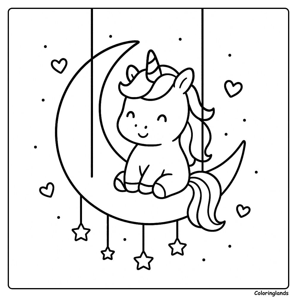 Unicorn illustration sitting on crescent moon with stars