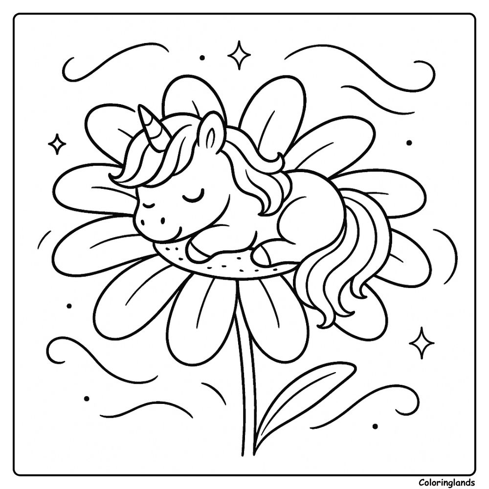 Unicorn sketch lying on flower with dreamy stars