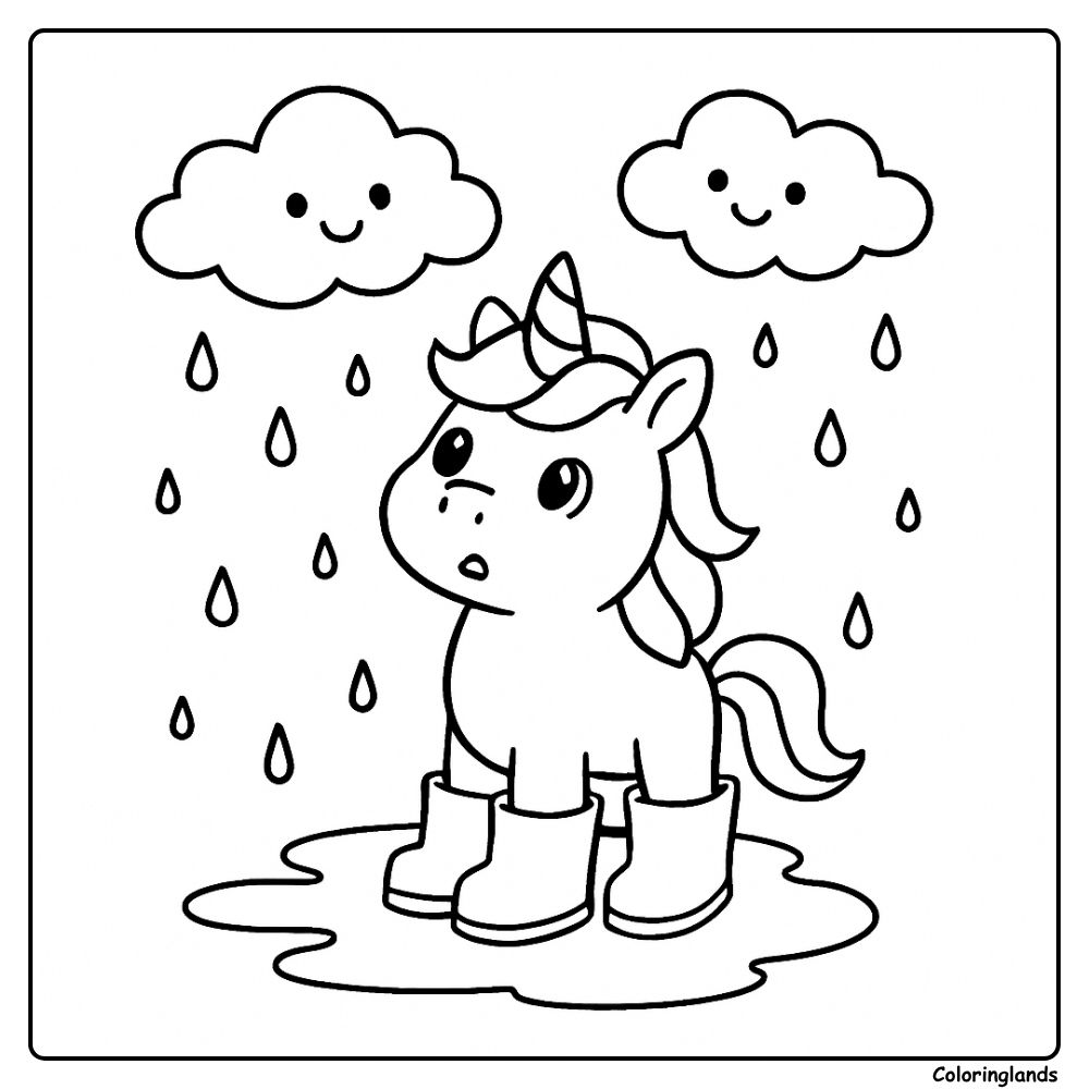 Cute unicorn drawing standing in the rain with boots