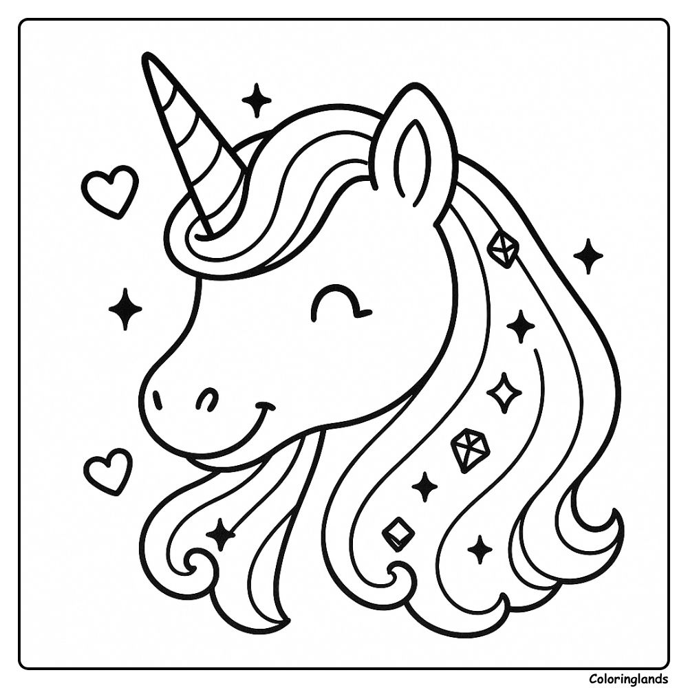 Cute unicorn face with stars and hearts for coloring