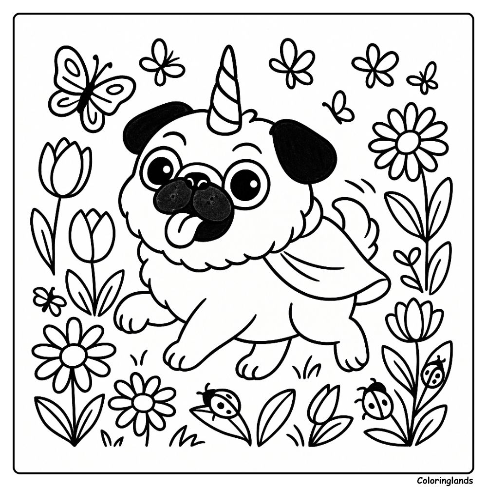 Garden run pugicorn with butterflies, printable coloring sheet