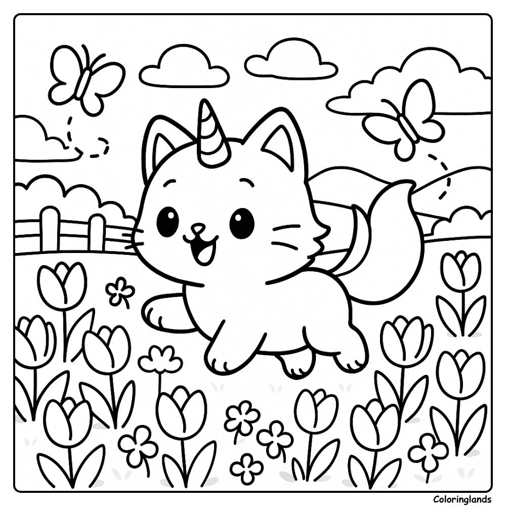 Cute caticorn runs through tulips in a sunny field printable