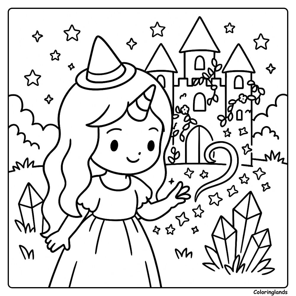Unicorn girl by crystals near a fairy tale castle