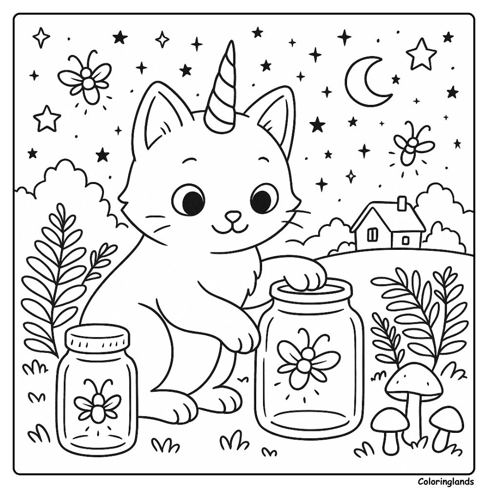 Caticorn gathers glowing fireflies under moon and stars