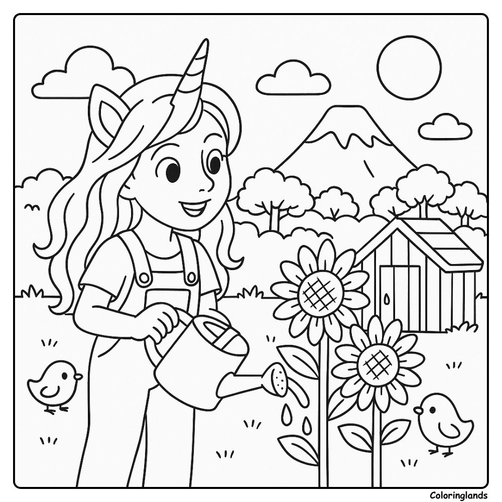 Unicorn gardener waters sunflowers by a mountain hut