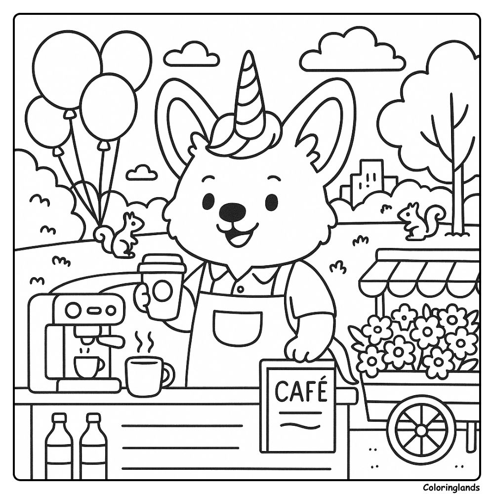 Corgi barista at park cafe cart printable coloring page