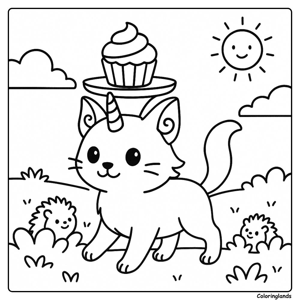 Printable picture of caticorn balancing cupcake as pals peek