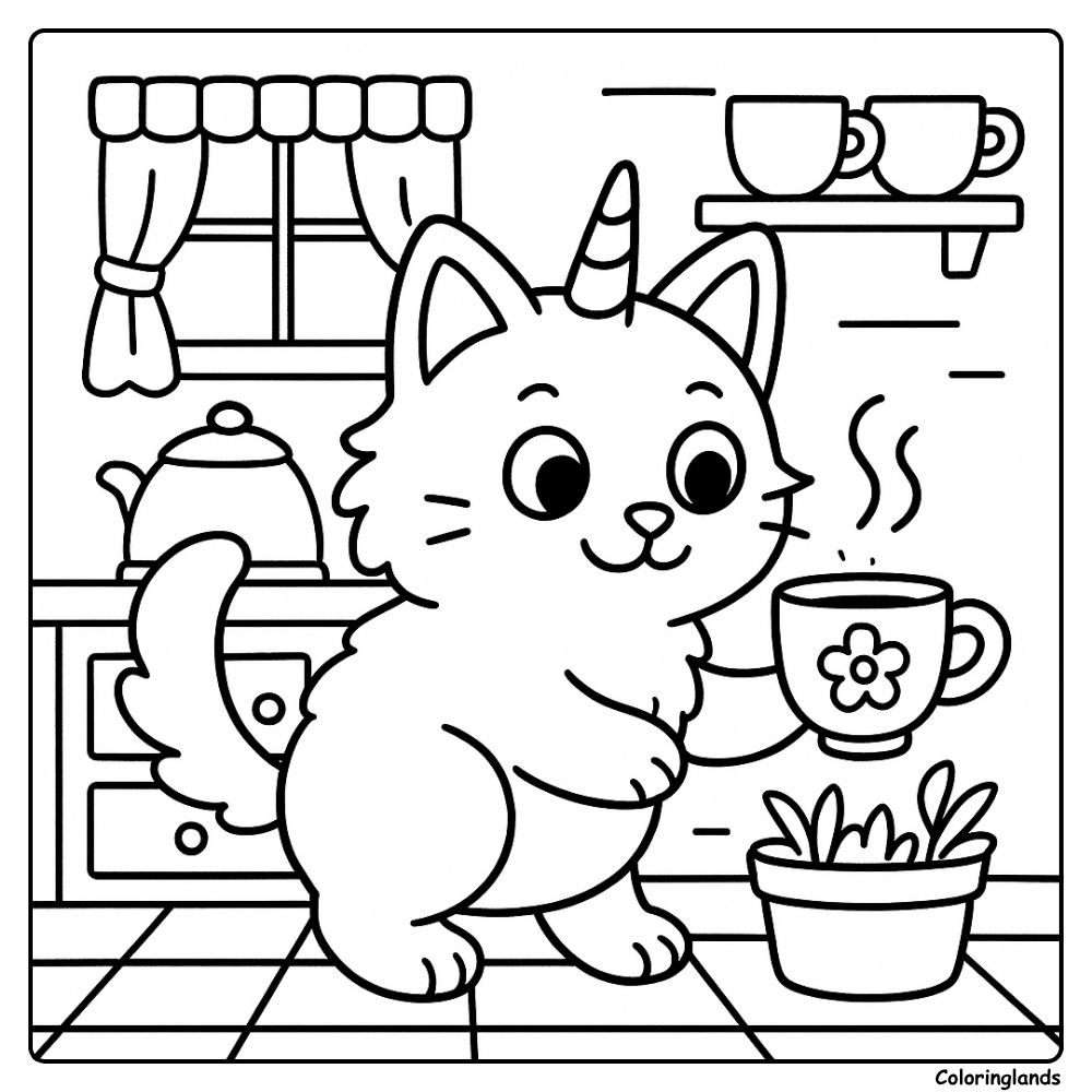 Caticorn enjoys hot tea in a cozy kitchen scene
