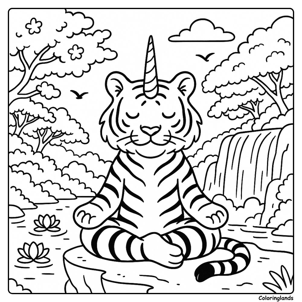 Meditating unicorn tiger by lotus pond and waterfall view