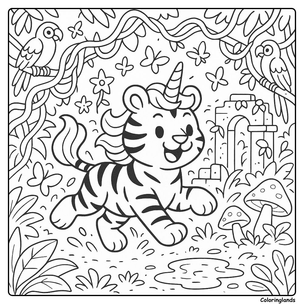 Cute striped unicorn tiger plays by ruins and mushrooms