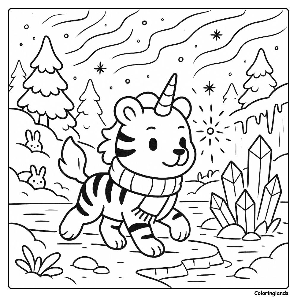 Cute unicorn tiger explores snow with crystals and bunnies
