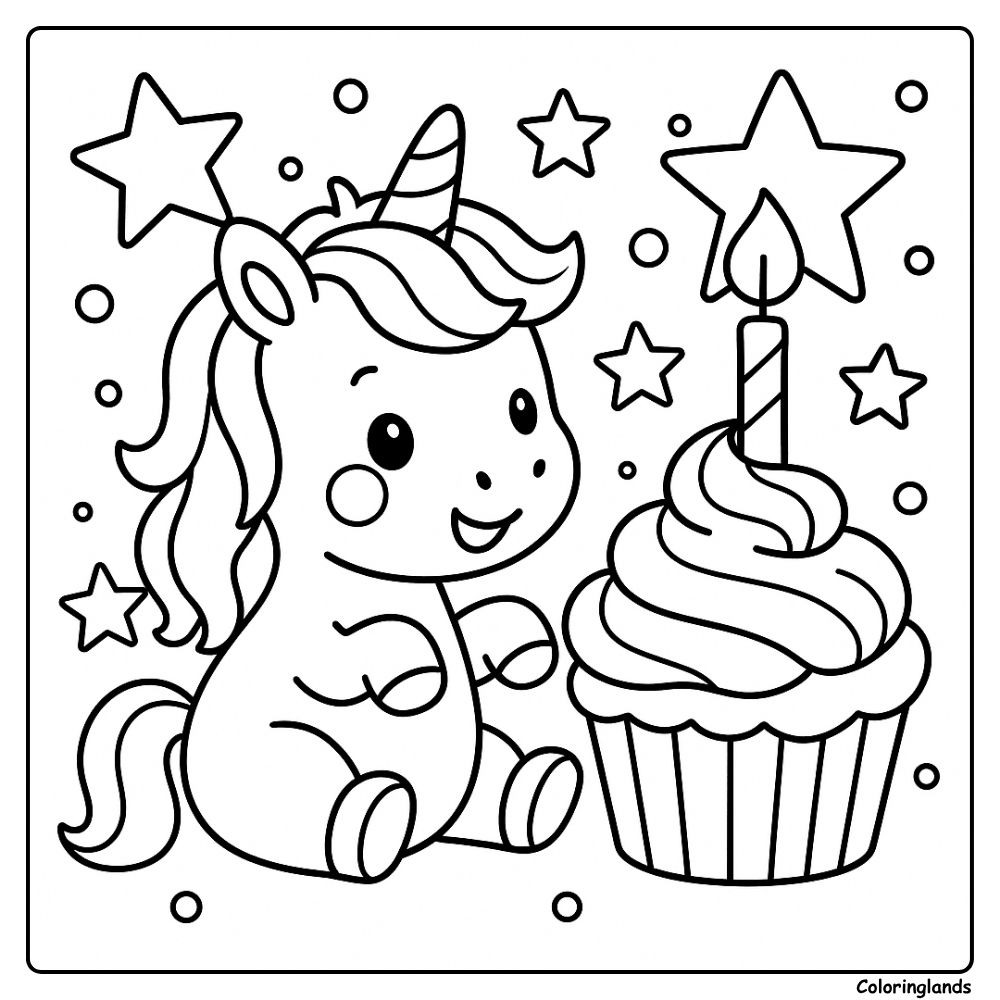 Smiling unicorn sits by a candle cupcake and bright stars