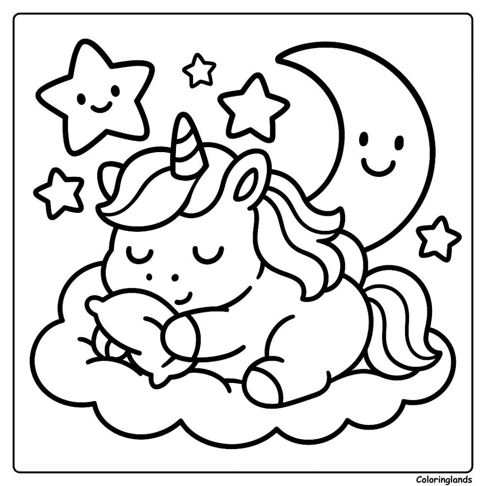 Baby unicorn naps on a pillow with stars and a smiling moon