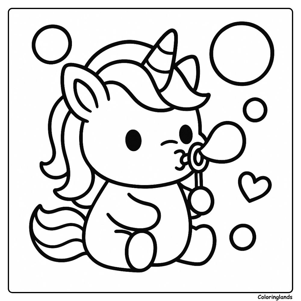 Cute baby unicorn blows round bubbles and a little heart