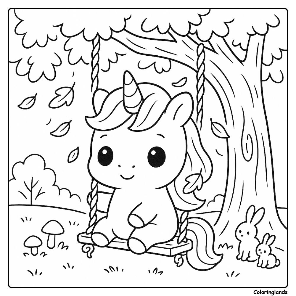 Unicorn on a tree swing with bunnies in autumn