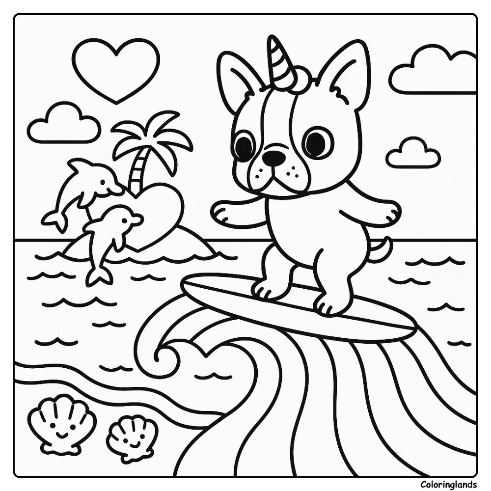 Bulldog unicorn on a big ocean wave printable image
