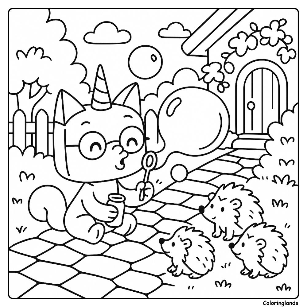 Unikitty blows a giant bubble while hedgehogs watch nearby
