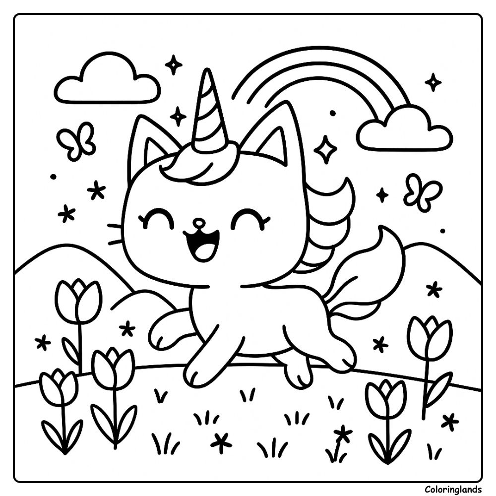 Smiling unikitty runs through tulips with a rainbow above
