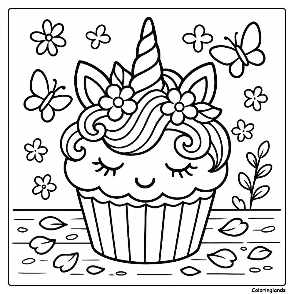 Cupcake with horn and flowers while butterflies float above