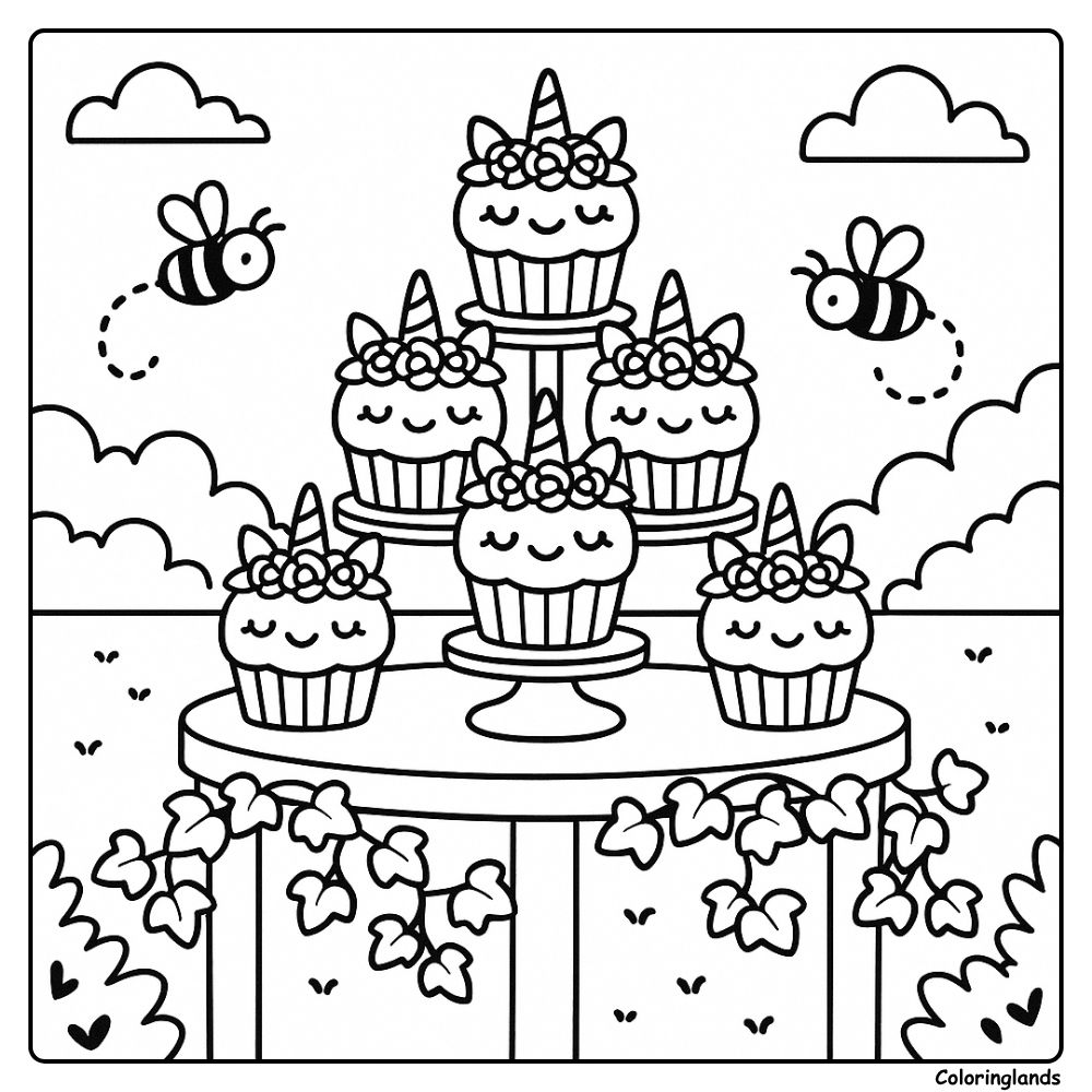 Outdoor cupcake stand with bees and clouds, playful line art
