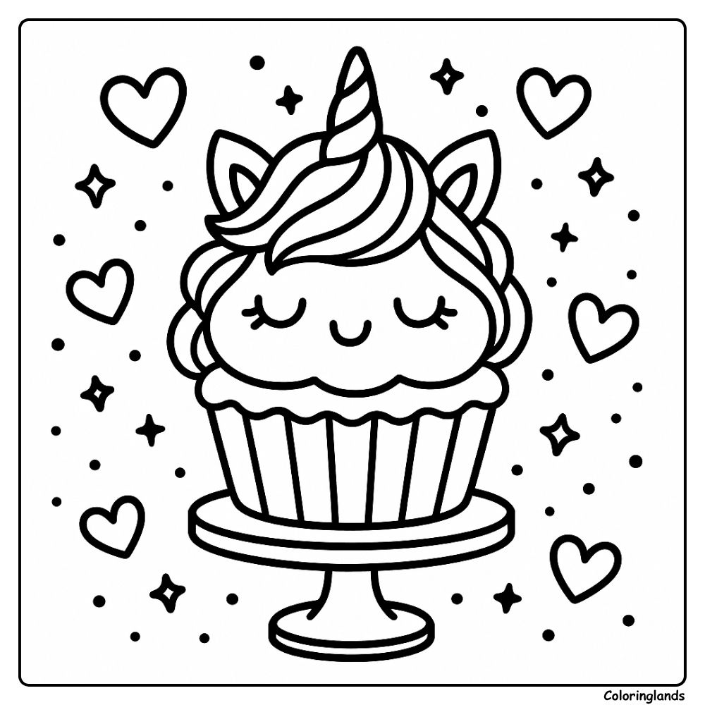 Kawaii cupcake with horn and hearts on a dessert pedestal