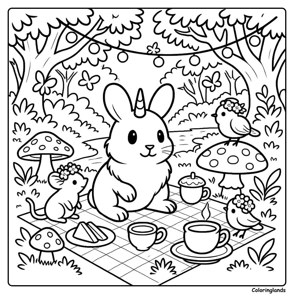 Forest picnic scene with cups, mushrooms, and a unicorn pup