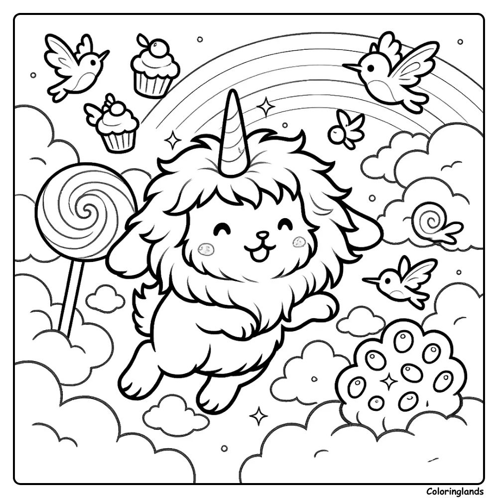 Rainbow clouds with lollipop, cupcakes, and a horned pup