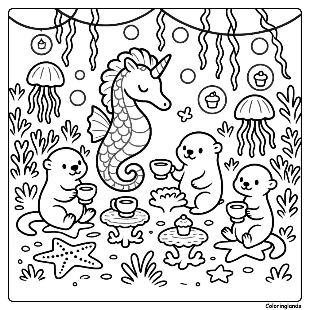 Cute undersea party scene with otters and fantasy seahorse