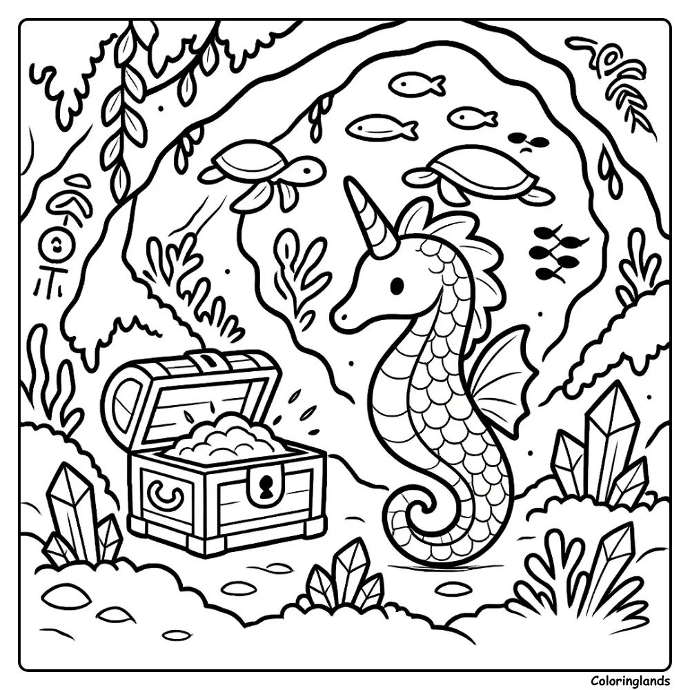 Printable sea unicorn line art with chest and crystals