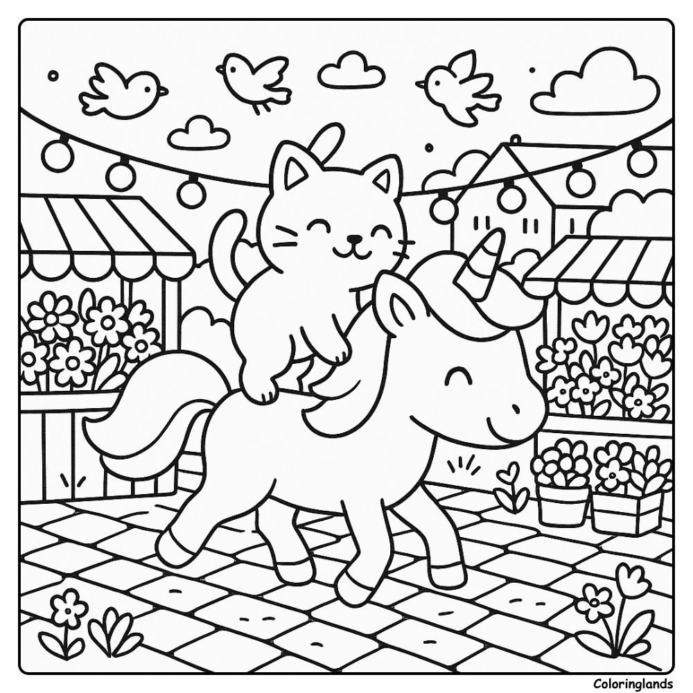 Cute market scene coloring image with unicorn and kitten