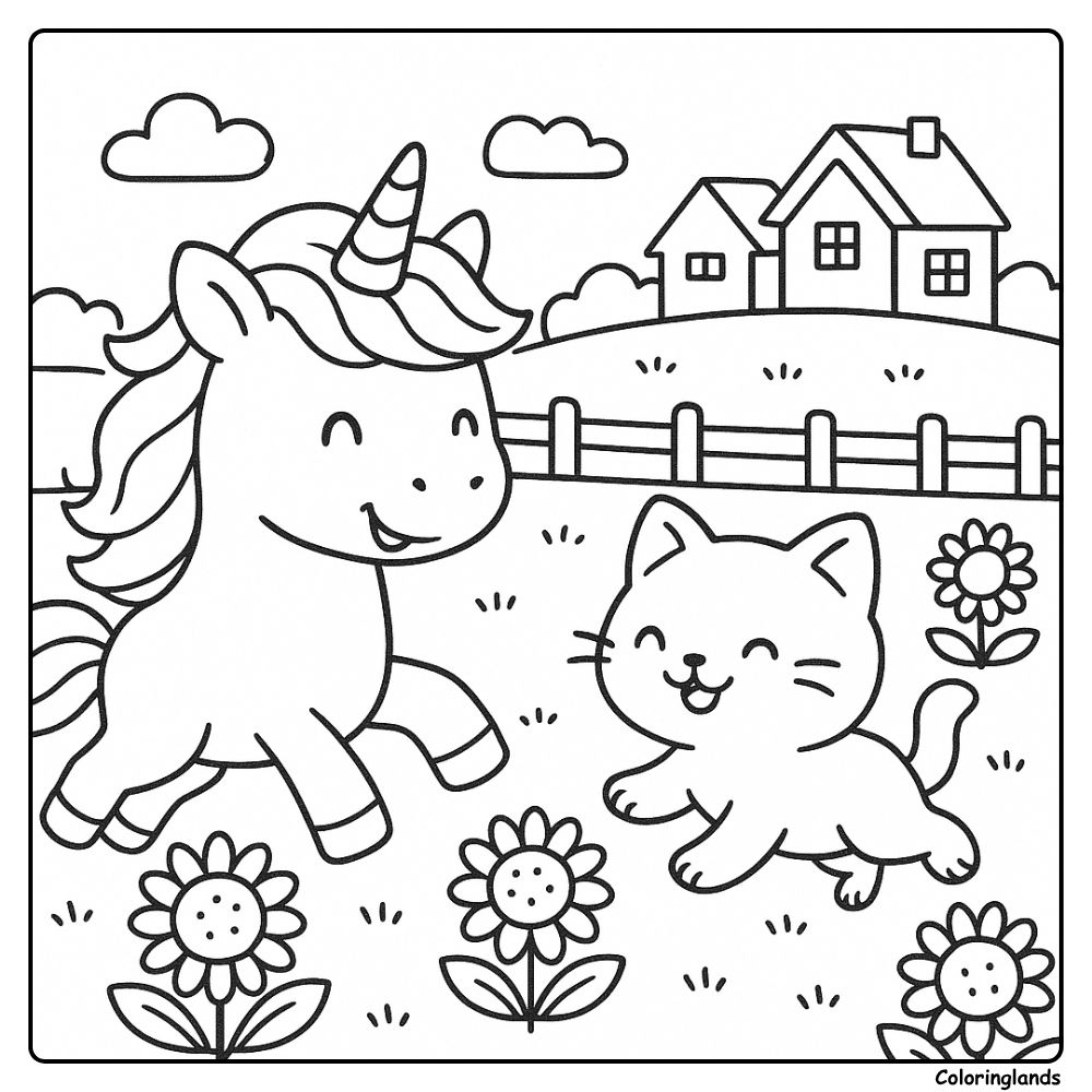 Printable unicorn and cat coloring picture in a meadow