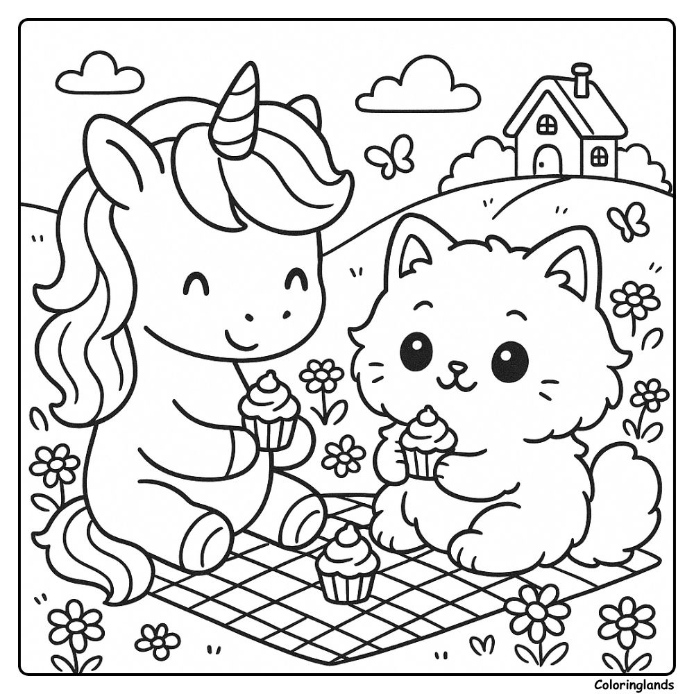 Picnic day coloring sheet with unicorn and fluffy kitten