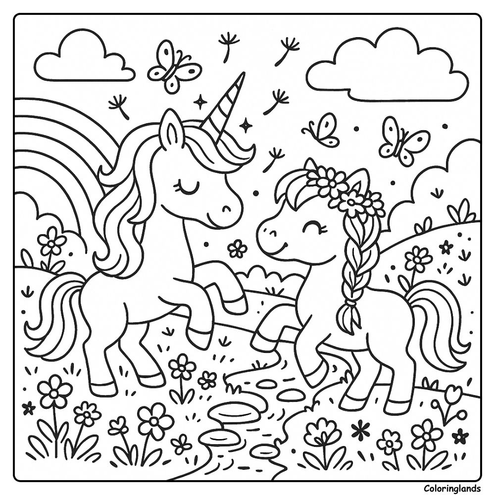 Spring meadow scene with unicorn, horse, butterflies, stream