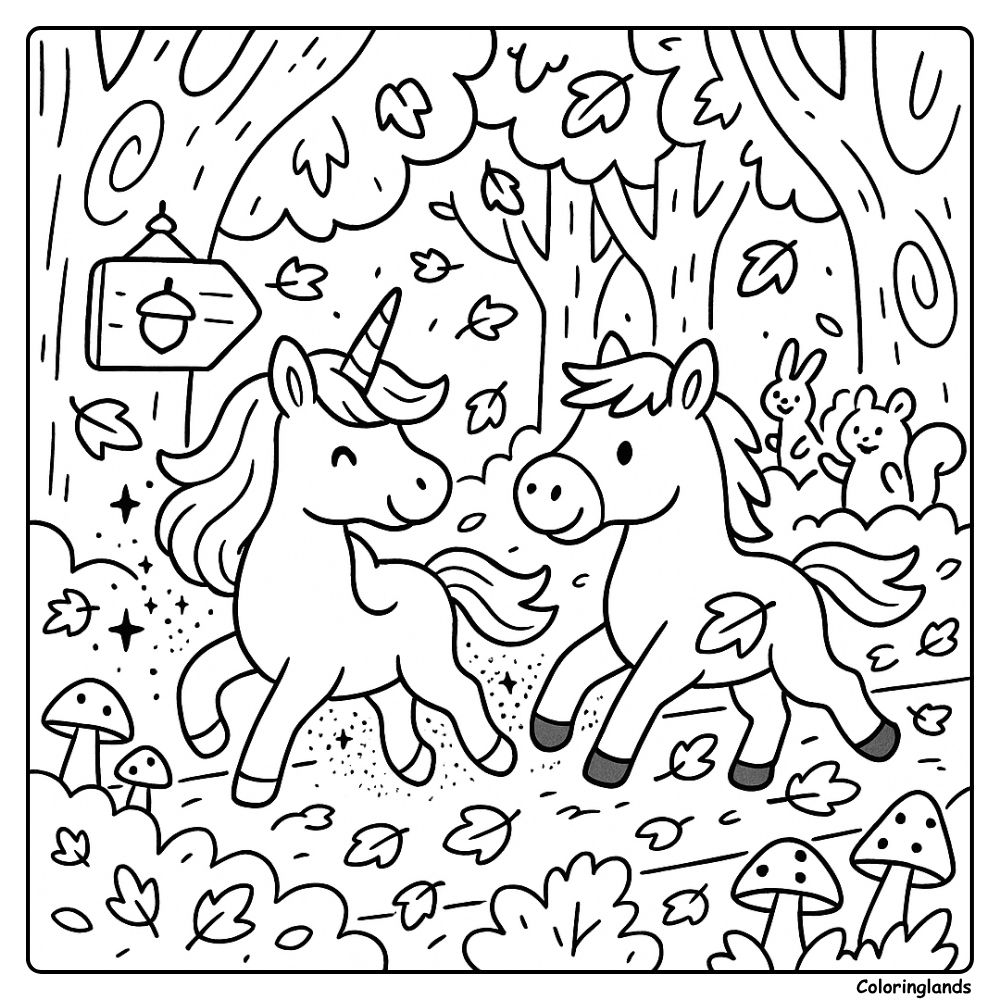 Autumn woods with unicorn, horse, mushrooms, playful critters