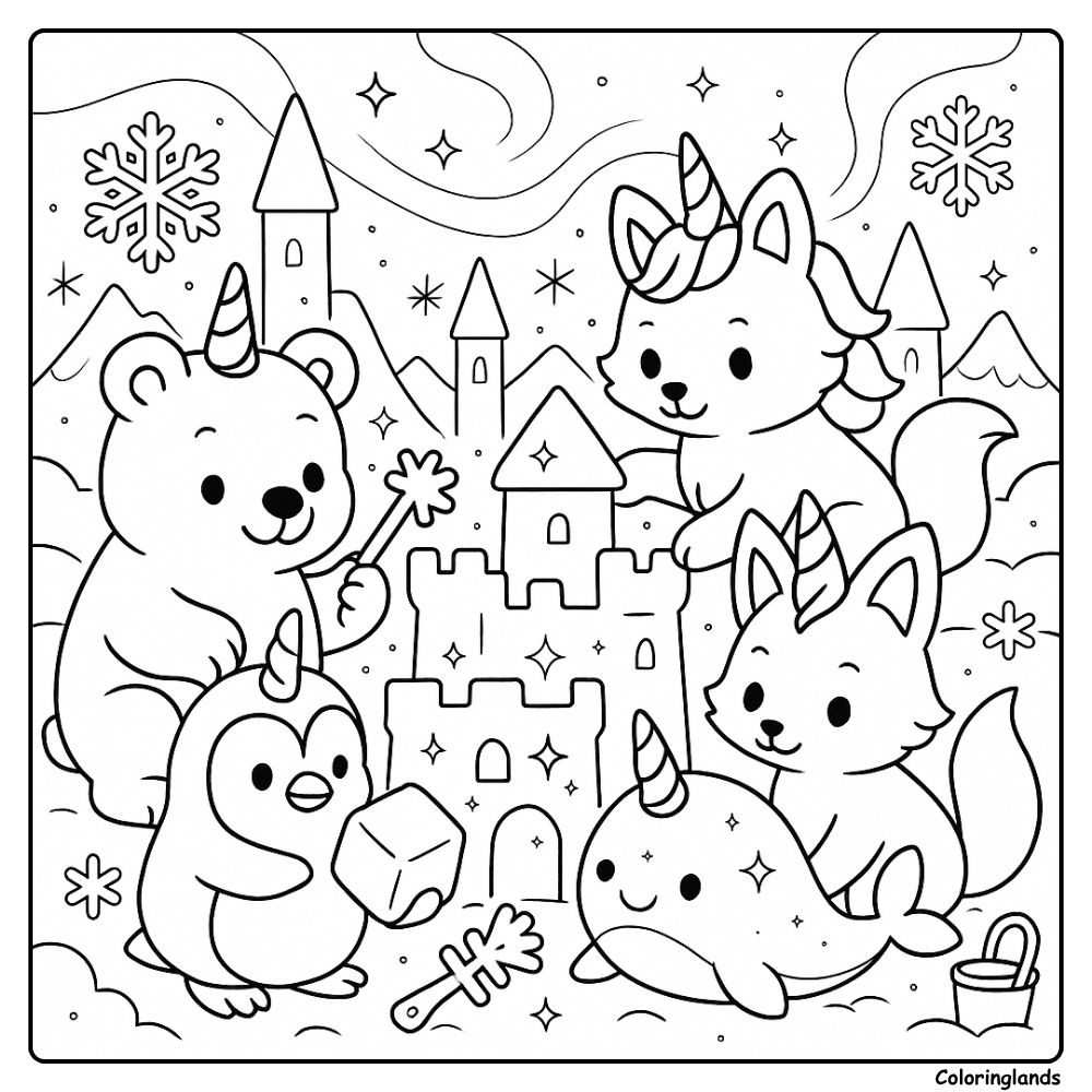 Jungle unicorn animals coloring picture with rainbow falls