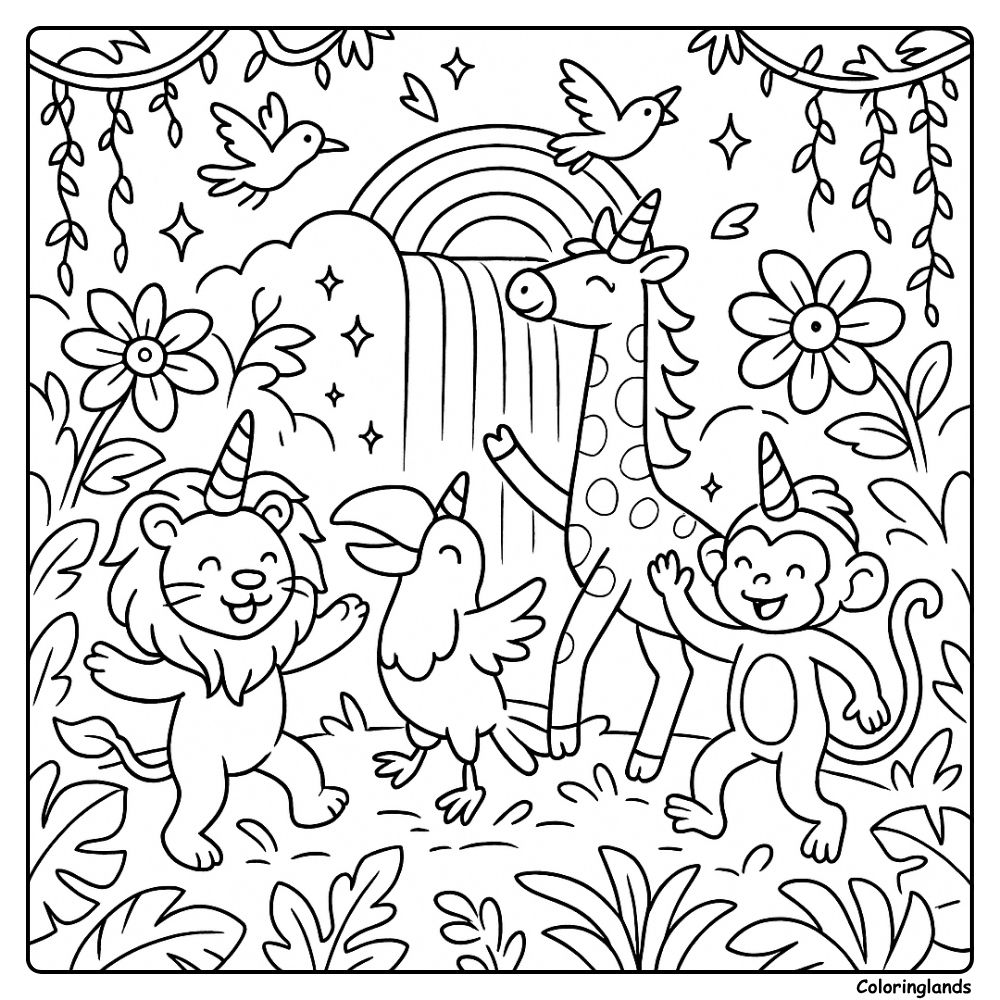 Cute unicorn farm animals coloring image under big tree