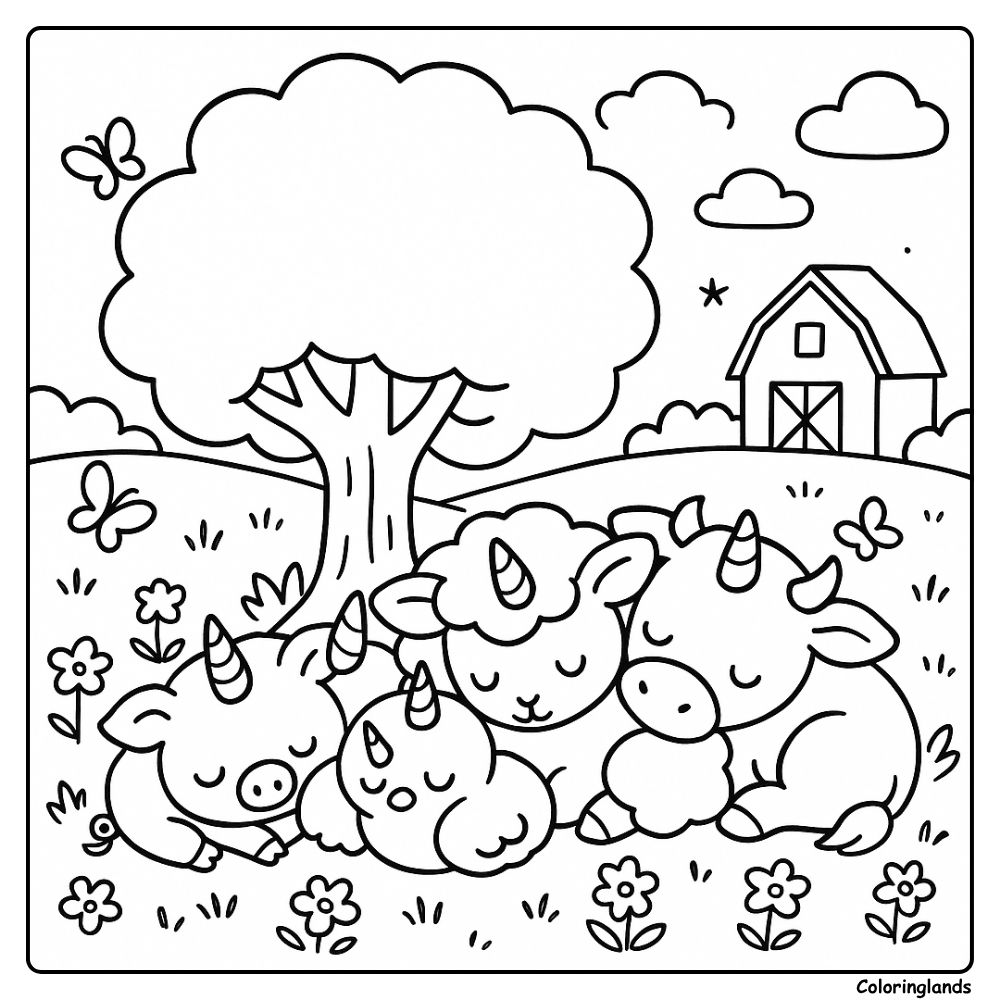 Snowy unicorn animal friends coloring picture with castle