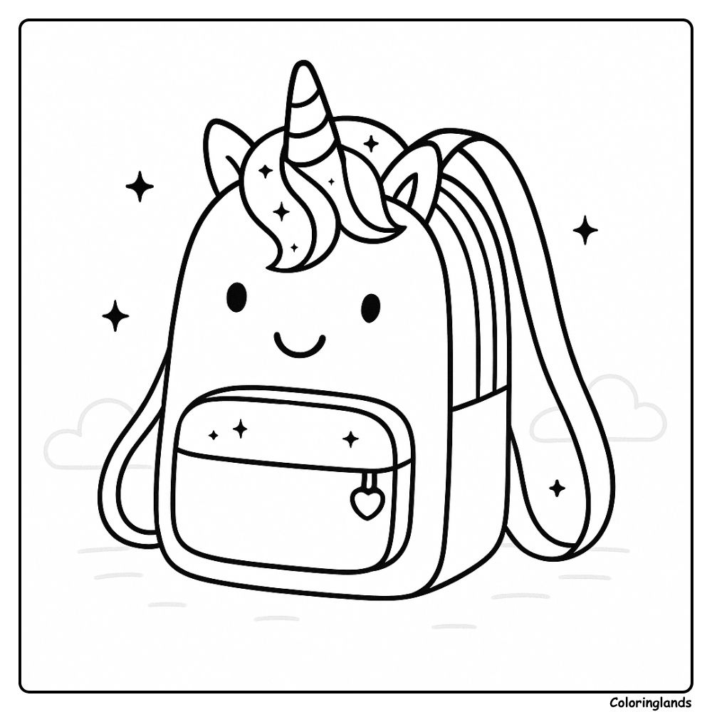 Simple unicorn school bag line art with clouds and sparkles