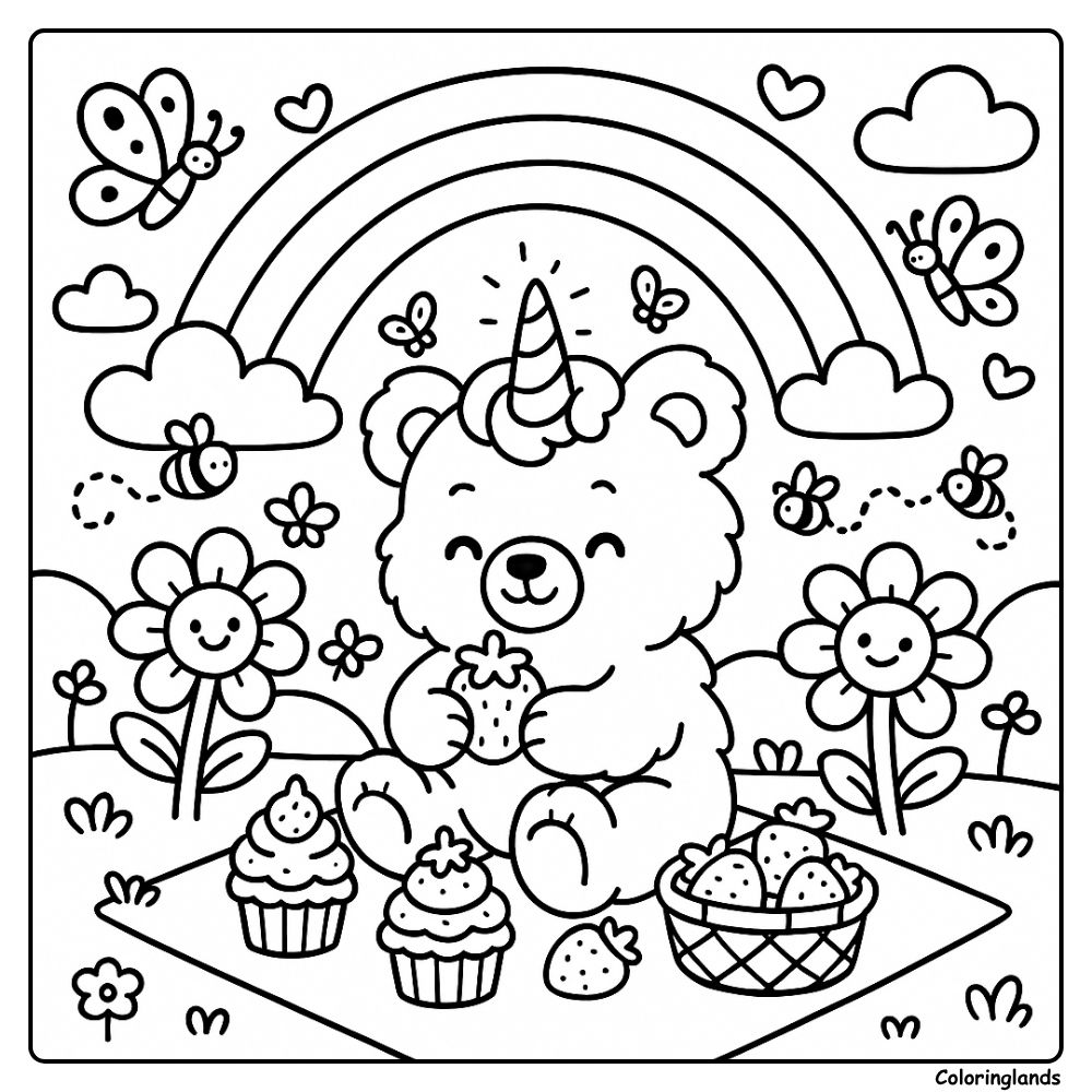 Chubby unicorn bear snacks under butterflies and bright sky
