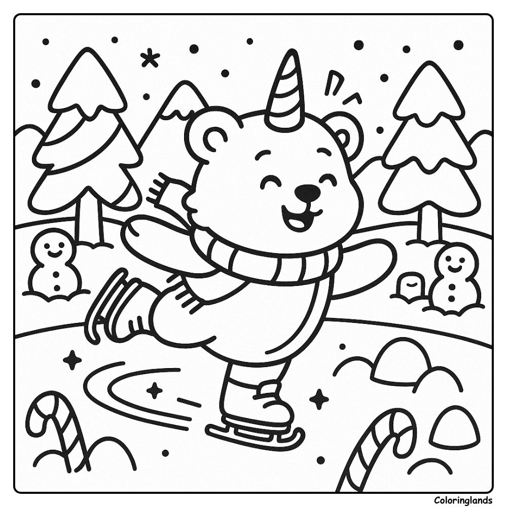 Smiling unicorn bear glides on a frozen pond in winter