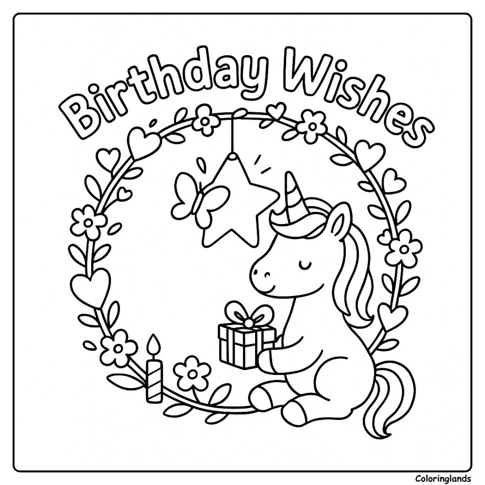 Circle frame with hearts, star, candle, unicorn to color