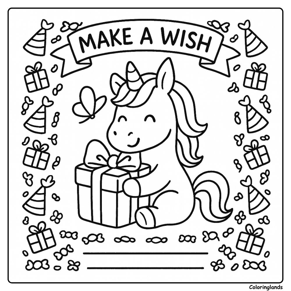 Cute unicorn with present and party hats coloring image