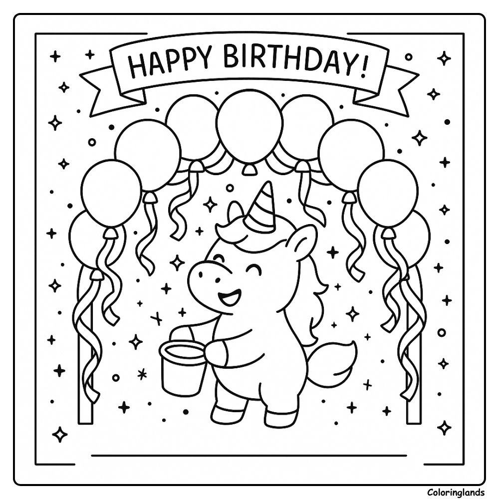 Printable birthday coloring picture with banner and stars