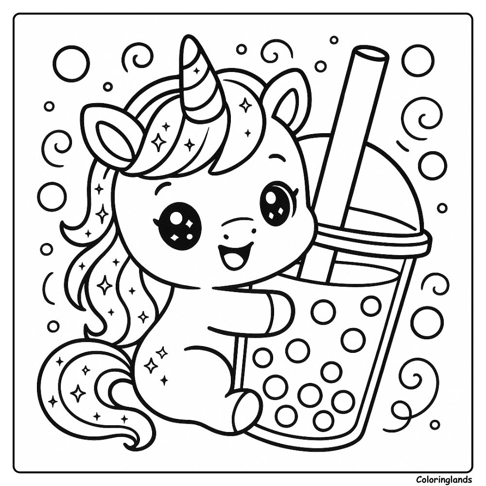 Cute unicorn hugging a large boba drink with bubbles