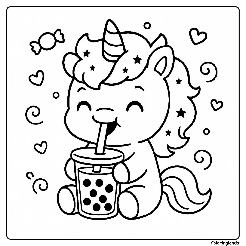 Cute unicorn sipping boba tea with hearts and swirls