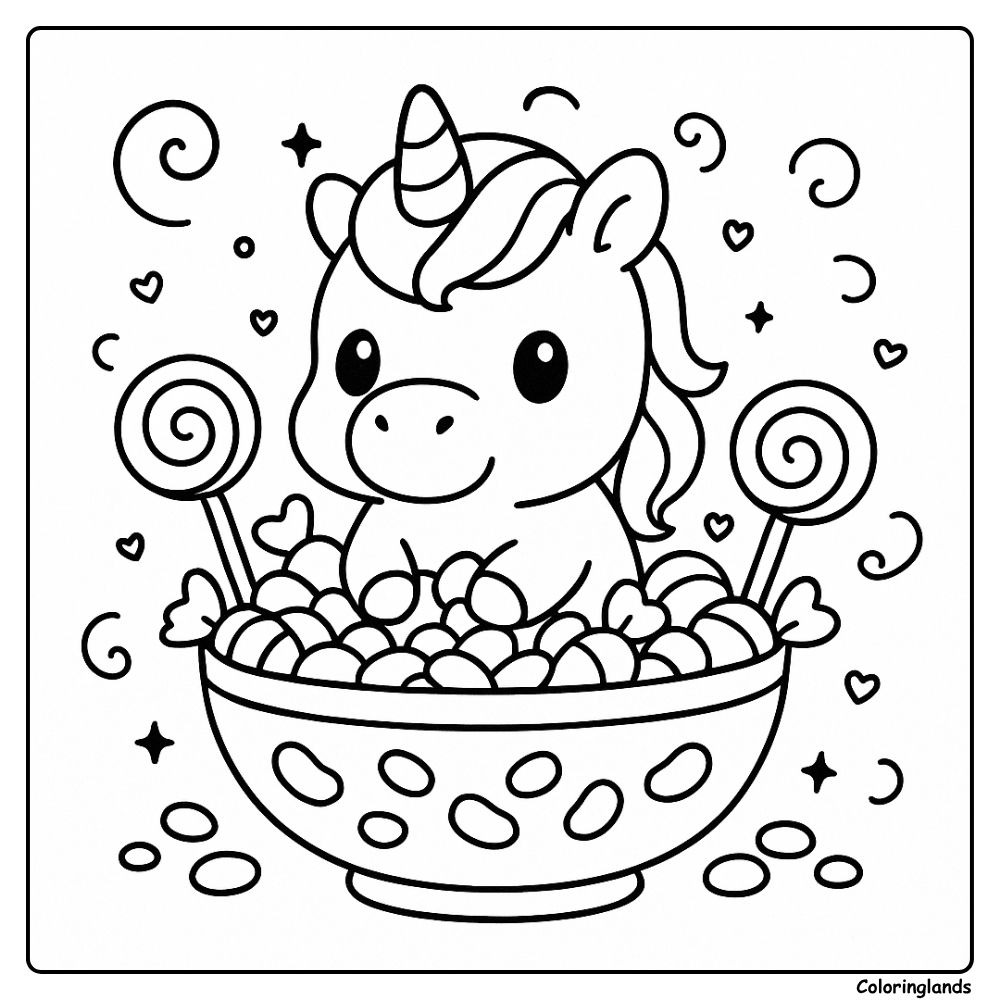 Chibi unicorn sitting in a candy bowl with lollipops